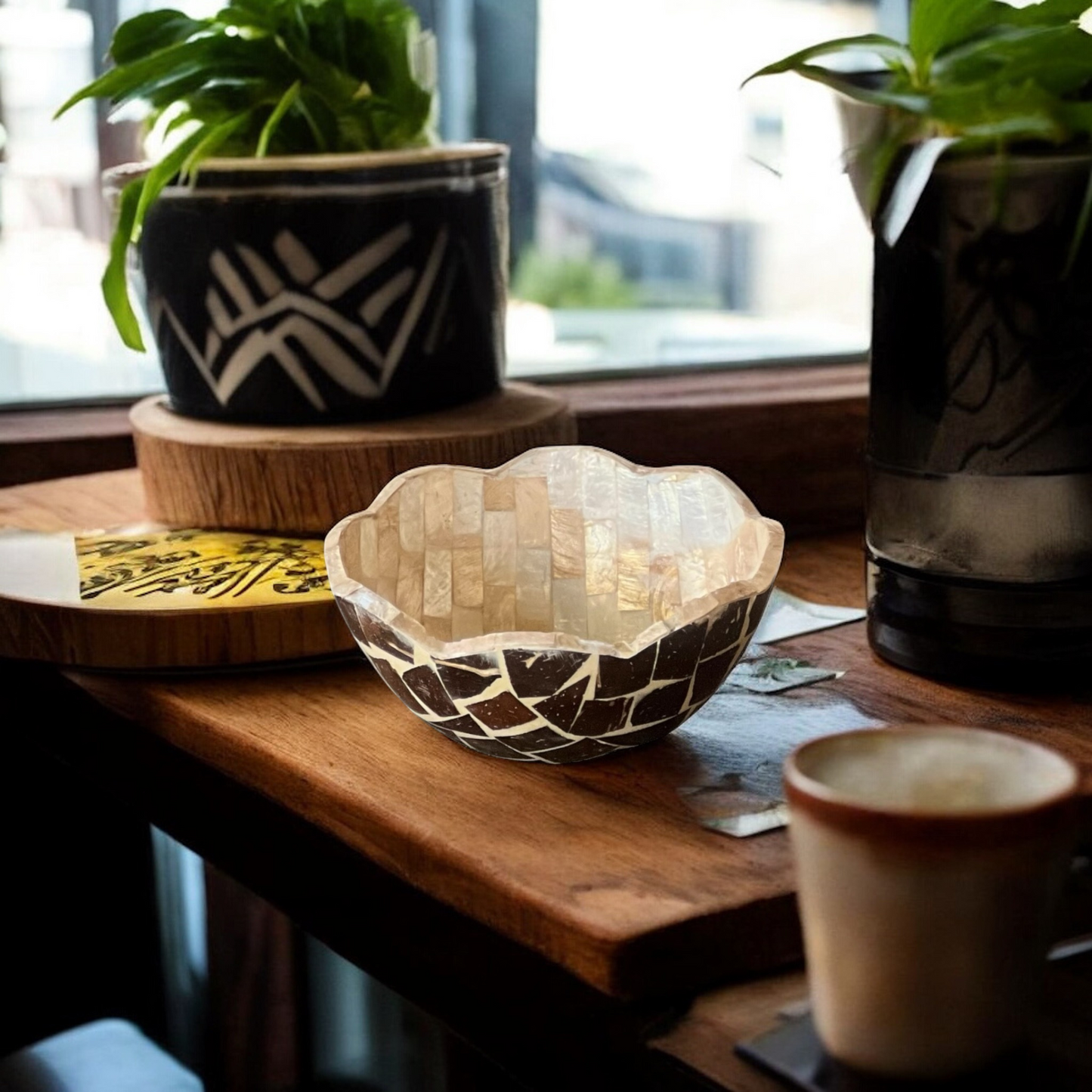 Handcrafted Coconut Bowl with Mother-of-Pearl Interior