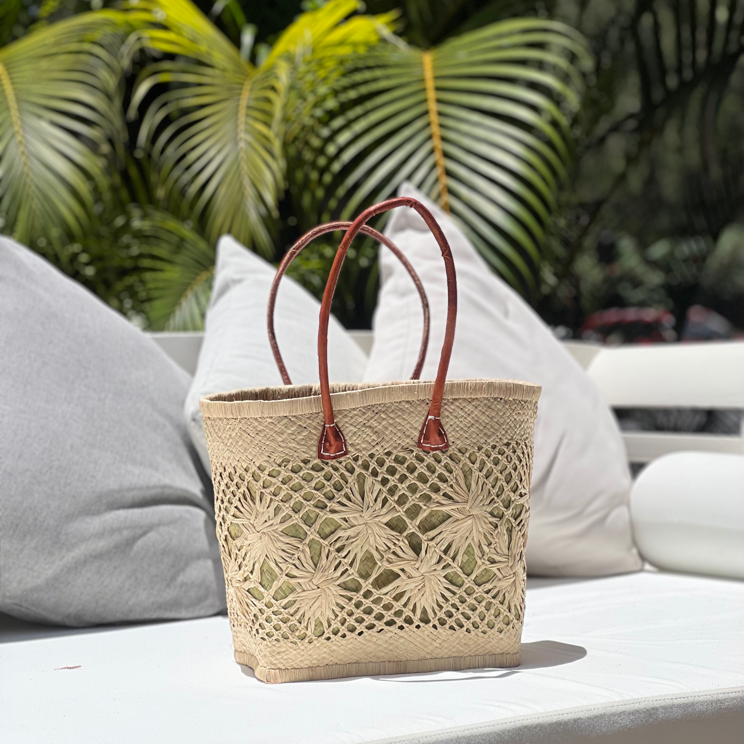 Organic Plant-Based Straw Tote Bag with Cactus Leather Handles