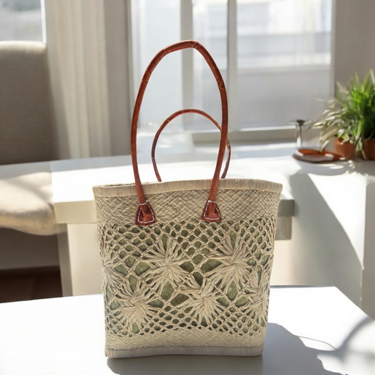 Organic Plant-Based Straw Tote Bag with Cactus Leather Handles